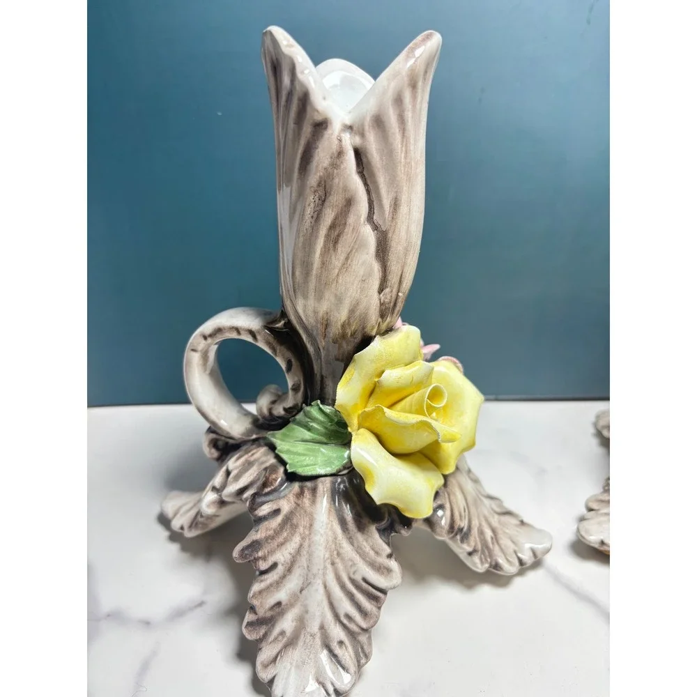 Vintage Capodimonte Italy Ceramic Floral Candlestick Holders Pair 7